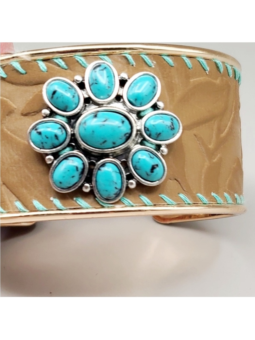 Turquoise Flower Concho Tan Fringe Cuff Bracelet - Picture 2 of 6
